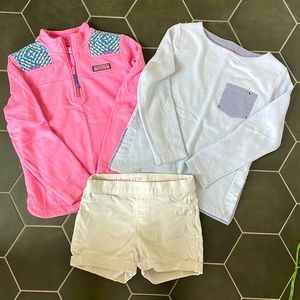 Vineyard Vine Girls 3 Piece Bundle Pink 1/4 Zip, Blue Tunic & White Jean Shorts